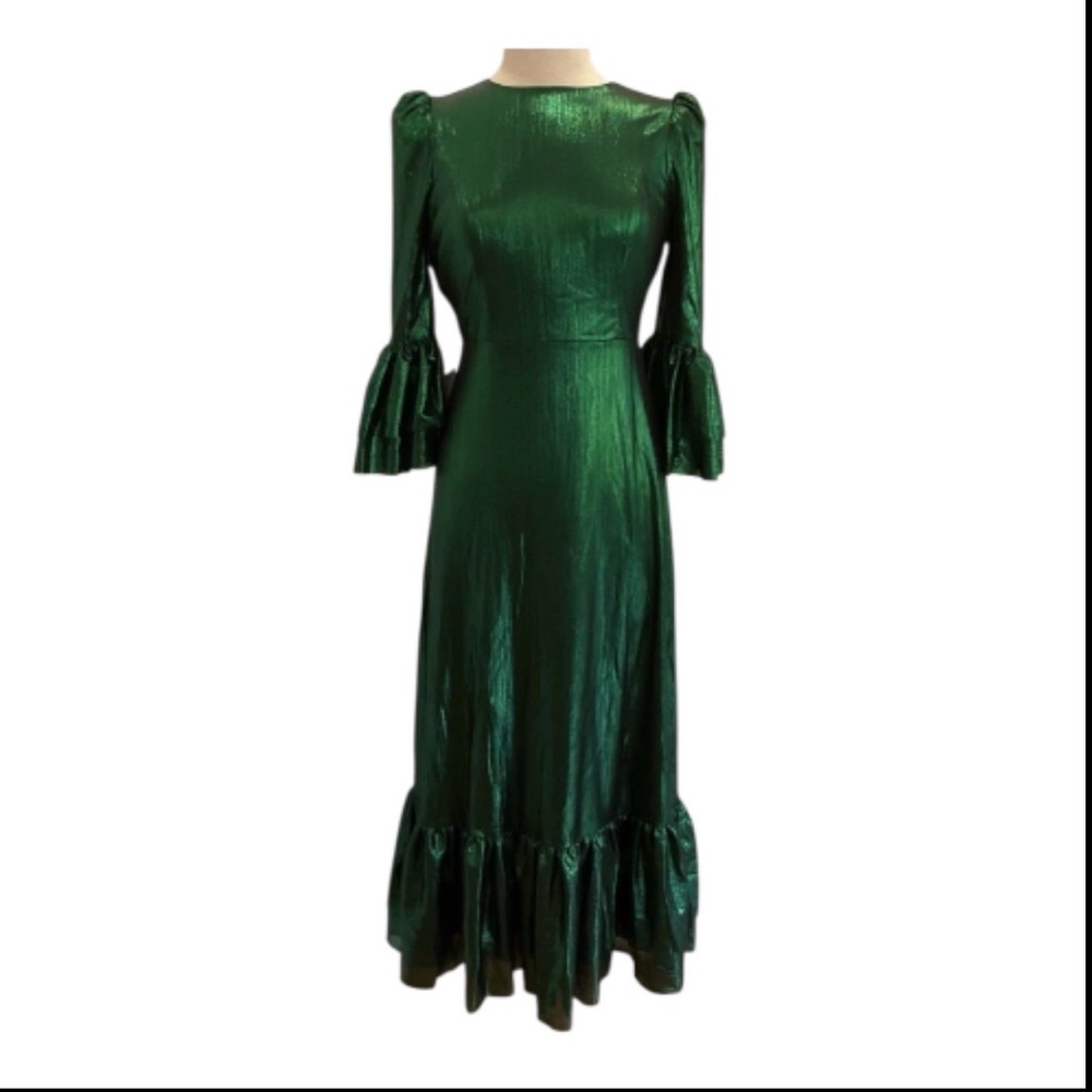 NWT Pomander Place Emerald Crinkle Lurex Midi Dress Size M Holiday Wedding Party - Picture 3 of 9
